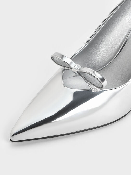 Metallic Bow Pointed-Toe Stiletto-Heel Pumps, Silver, hi-res