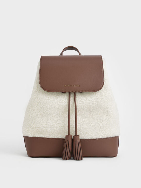 Genevieve Two-Tone Textured Tassel Backpack, Cream, hi-res