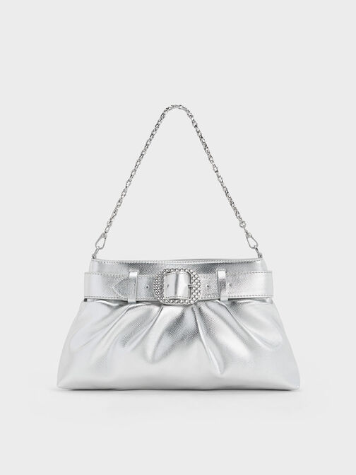 Avis Metallic Belted Ruched Shoulder Bag, , hi-res