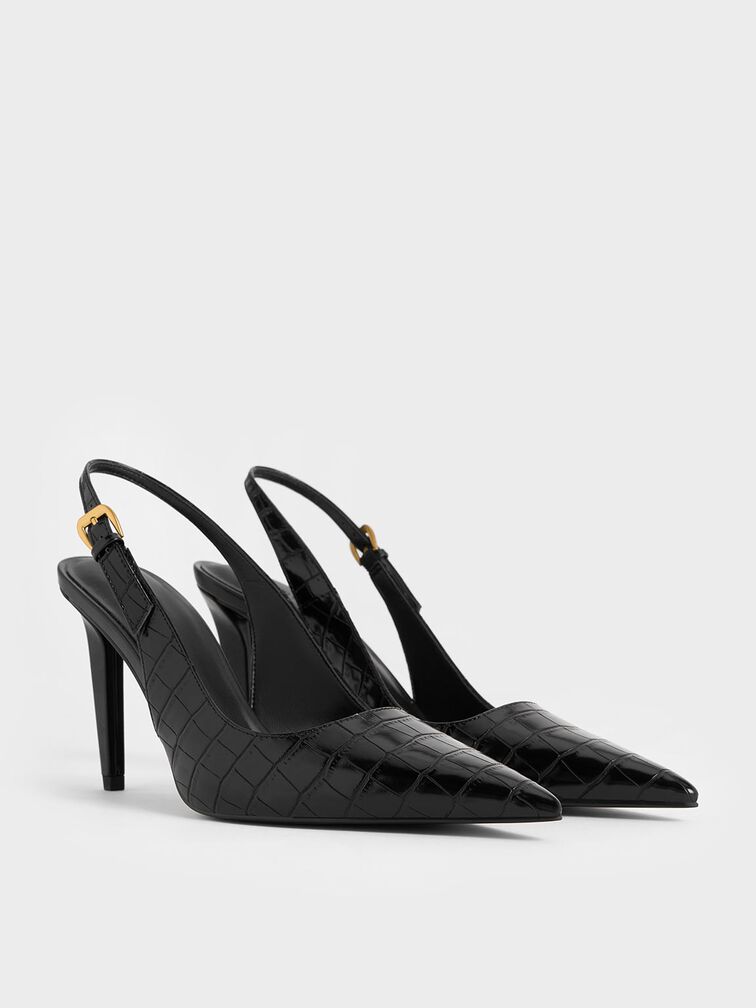 Croc-Effect Cone-Heel Pointed-Toe Pumps, Animal Print Black, hi-res