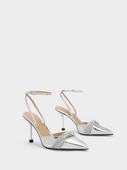 Leda Beaded Leather Ankle-Strap Pumps, Silver, hi-res