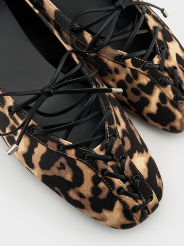 Leopard-Print Lace-Up Bow Ballet Flats, Animal Print Natural, hi-res