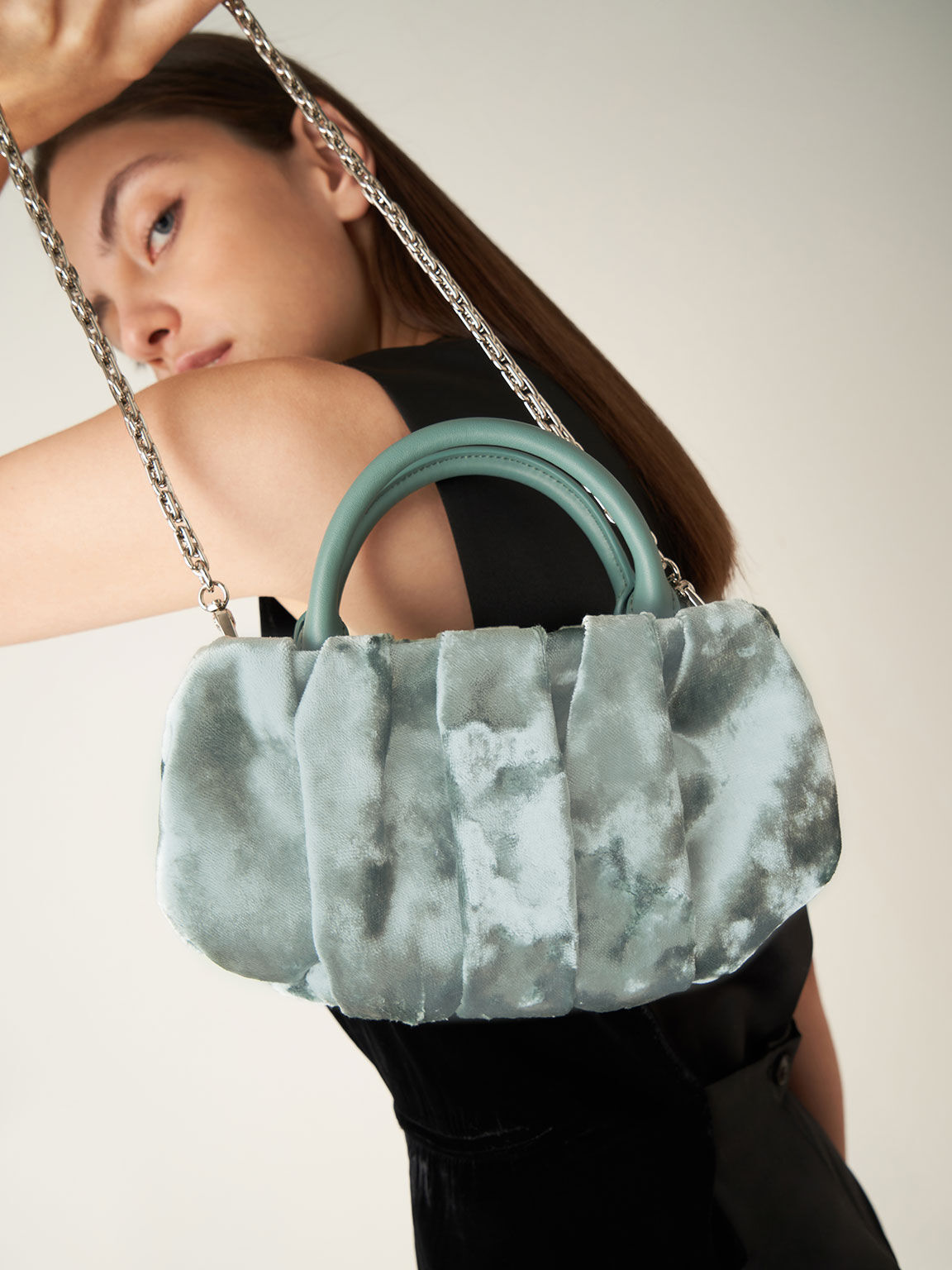 Holiday 2021 Collection: Claudette Ruched Velvet Top Handle Bag, Sage Green, hi-res