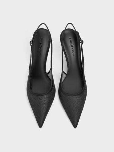 Glittered Mesh Pointed Slingback Pumps, Black Textured, hi-res