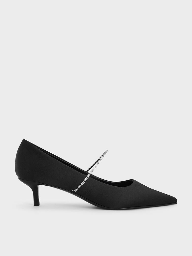 Satin Embellished-Strap Pointed-Toe Pumps, Black Textured, hi-res