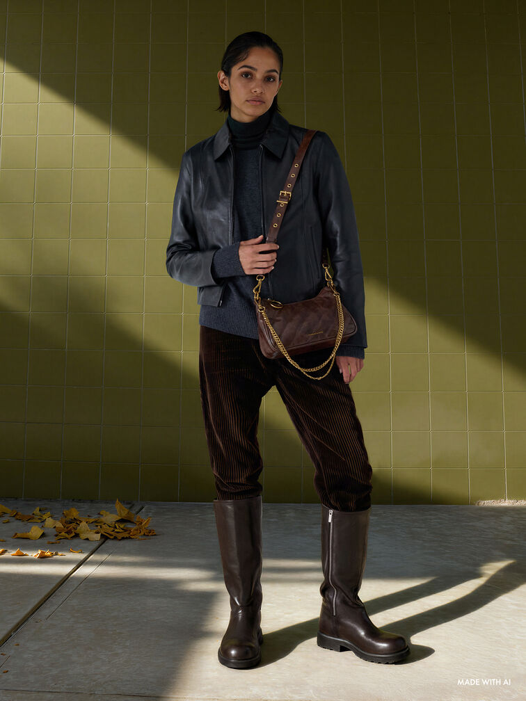 กระเป๋าสะพายข้างแบบสายโซ่ดีไซน์ลายย่นรุ่น Philomena, สีดิสเทรสด์คอฟฟี่, hi-res