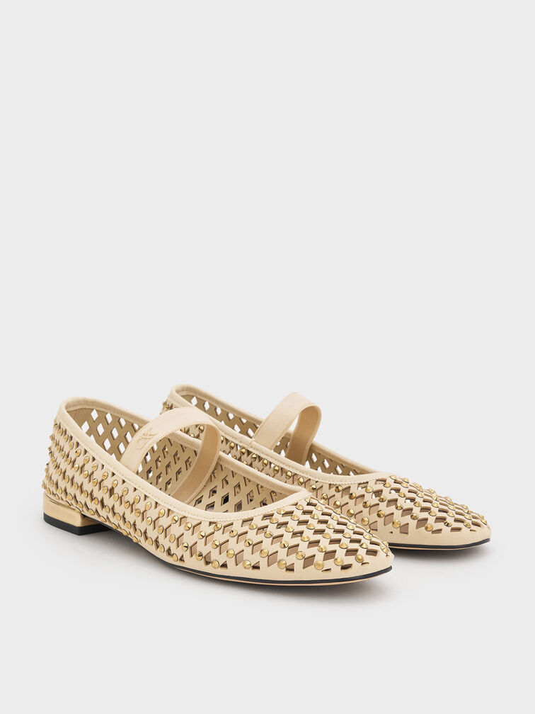 Studded Cut-Out Mary Jane Flats, Cream, hi-res