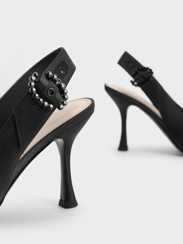 Embellished Recycled Polyester Slingback Pumps, Black, hi-res