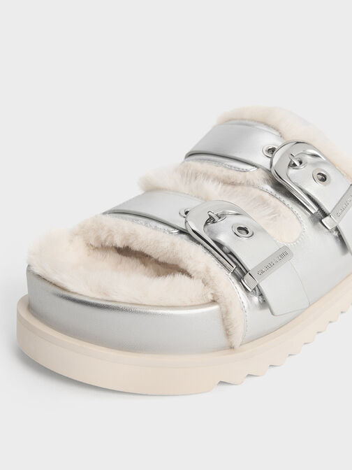 Hannah Metallic Furry Buckled Double-Strap Sandals, Silver, hi-res
