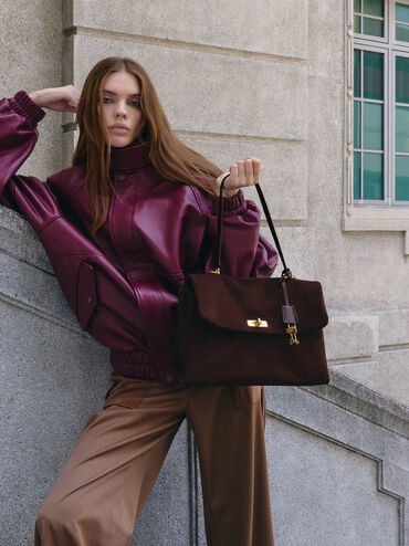 กระเป๋าทรงแซทเชลวัสดุหนังกลับรีไซเคิลพร้อมหูจับด้านบนรุ่น Kerry, สีเอสเพรสโซบราวน์, hi-res