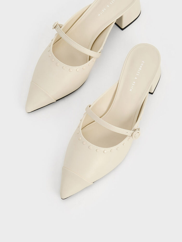 Studded Pointed-Toe Block Heel Mules, สีชอล์ค, hi-res