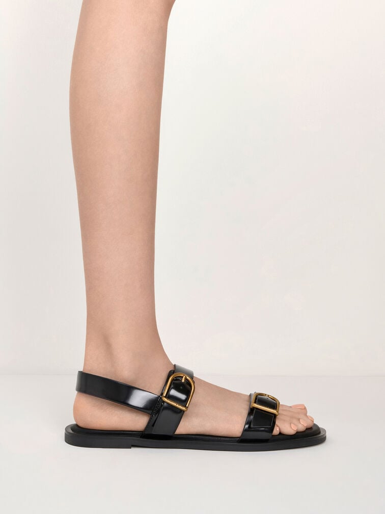 Double Buckle-Strap Slingback Sandals, Black Boxed, hi-res