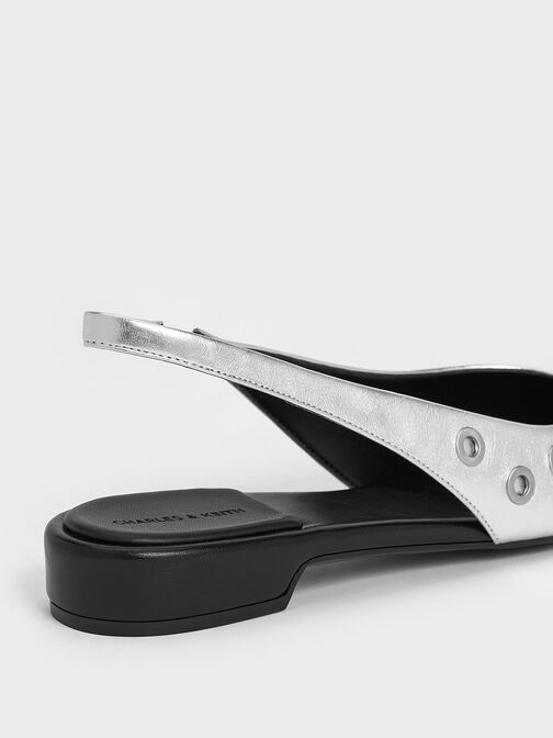 Metallic Grommet Pointed-Toe Slingback Flats, Silver, hi-res