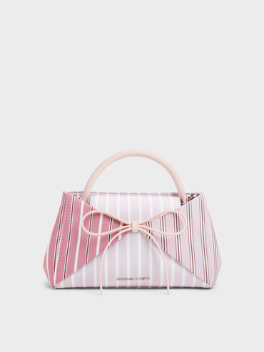 Hazel Striped Bow Panelled Top Handle Bag, Light Pink, hi-res