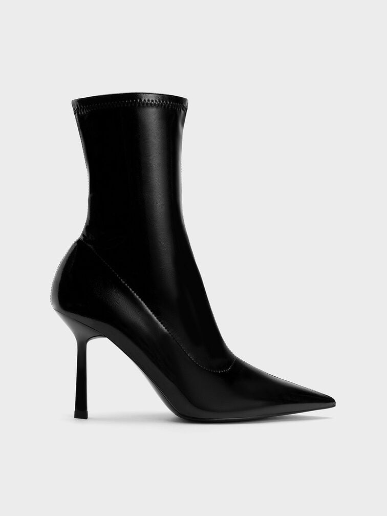 Patent Crinkle-Effect Pointed-Toe Stiletto Heel Ankle Boots, , hi-res