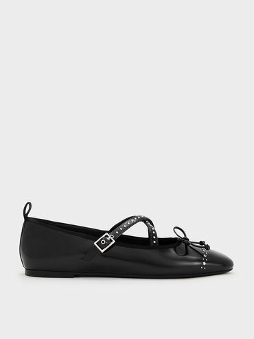 Studded Crossover-Strap Mary Jane Flats, Black Boxed, hi-res