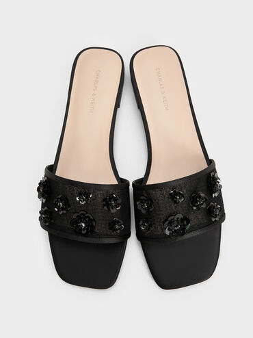 Mesh & Satin Sequin-Flower Slide Sandals, Black Textured, hi-res