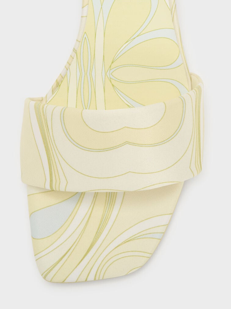 Swirl-Print Kitten-Heel Mules, Yellow, hi-res