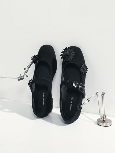 Polly Textured Mary Janes With Floral Charms, Black Textured, hi-res