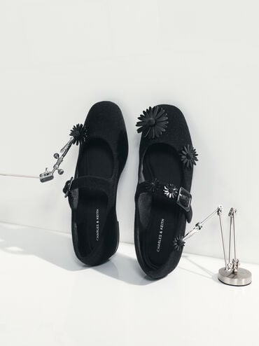 Polly Textured Mary Janes With Floral Charms, Black Textured, hi-res