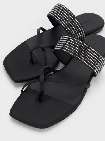 Satin Crystal-Embellished Crossover Toe-Ring Sandals, Black Textured, hi-res