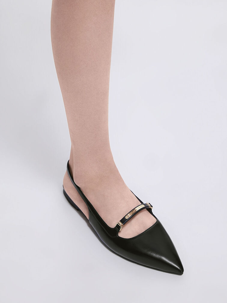 Metallic Bar Accent Slingback Flats, สีดำ, hi-res