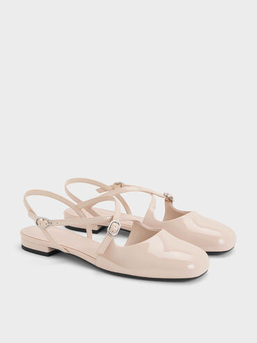 Patent Crossover Buckled Slingback Flats, Nude, hi-res