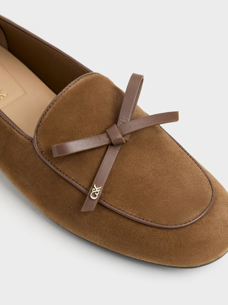 Leather & Suede Bow Loafers, Brown, hi-res
