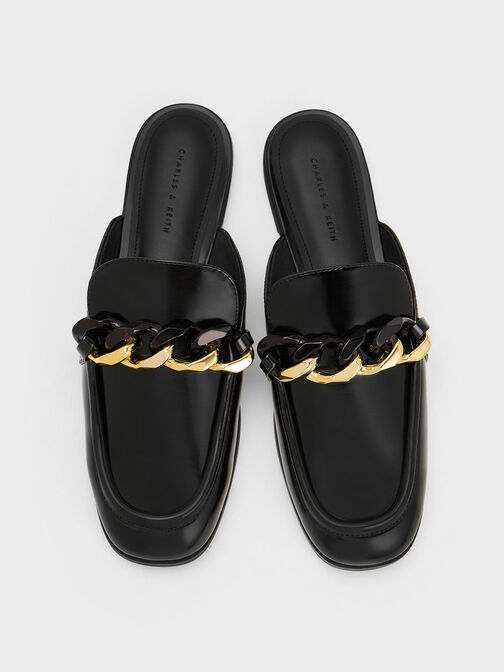 Chunky Chain-Link Loafer Mules, หนังเงาสีดำ, hi-res