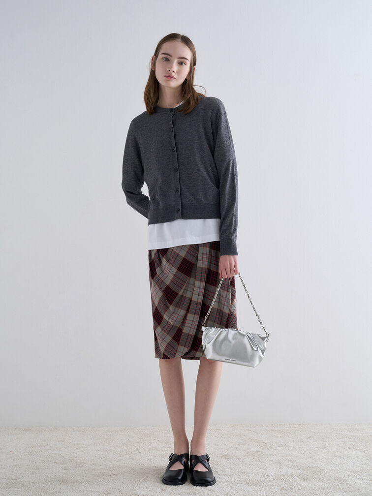 Brigette Metallic Ruched Chain-Handle Clutch, Silver, hi-res