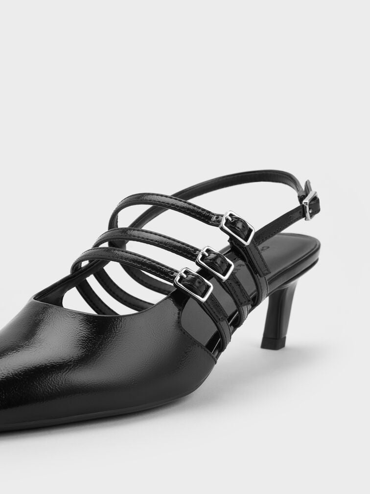 Patent Triple-Strap Pointed-Toe Kitten-Heel Slingback Pumps, Black Patent, hi-res