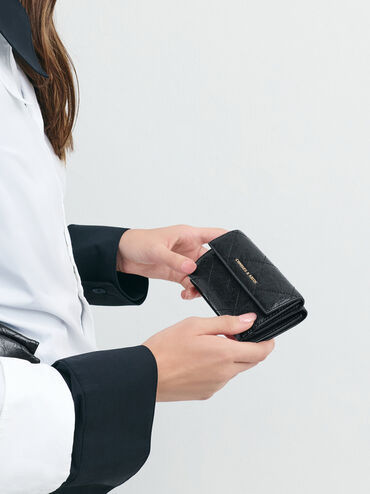 กระเป๋าสตางค์ลายควิลท์แบบพับรุ่น Duo, สีดำ, hi-res