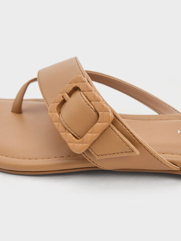 Quilted Buckle Thong Sandals, Camel, hi-res