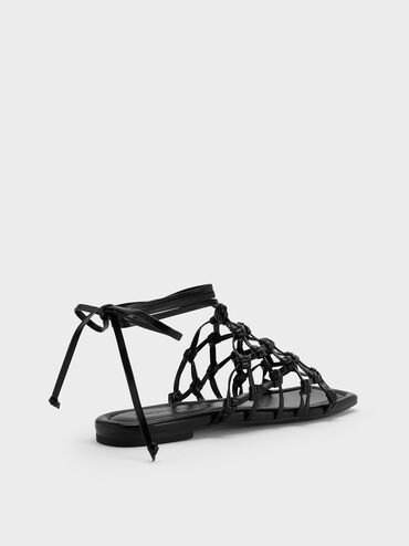 รองเท้าแตะดีไซน์แบบสานพร้อมสายพันข้อเท้า, สีดำ, hi-res