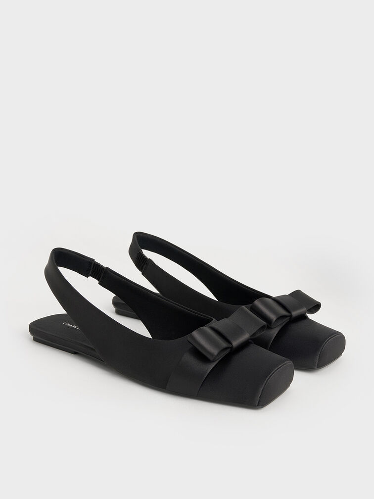 Satin Bow Slingback Ballet Flats, Black Textured, hi-res