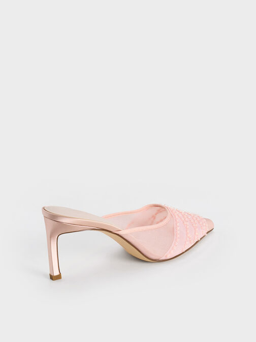 Mesh Sequinned Heeled Mules, Nude, hi-res