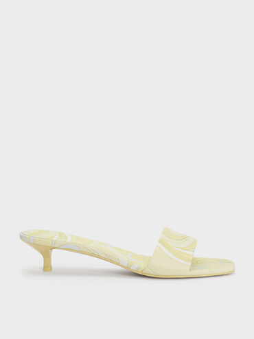 Swirl-Print Kitten-Heel Mules, Yellow, hi-res