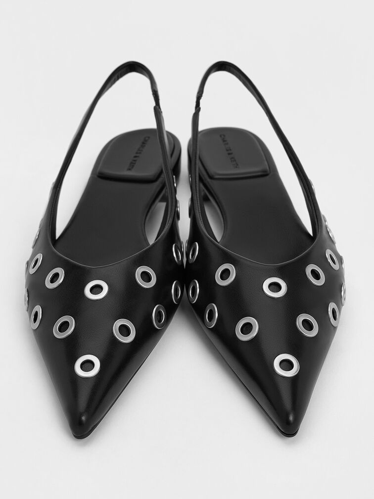 Grommet Pointed-Toe Slingback Flats, Black, hi-res