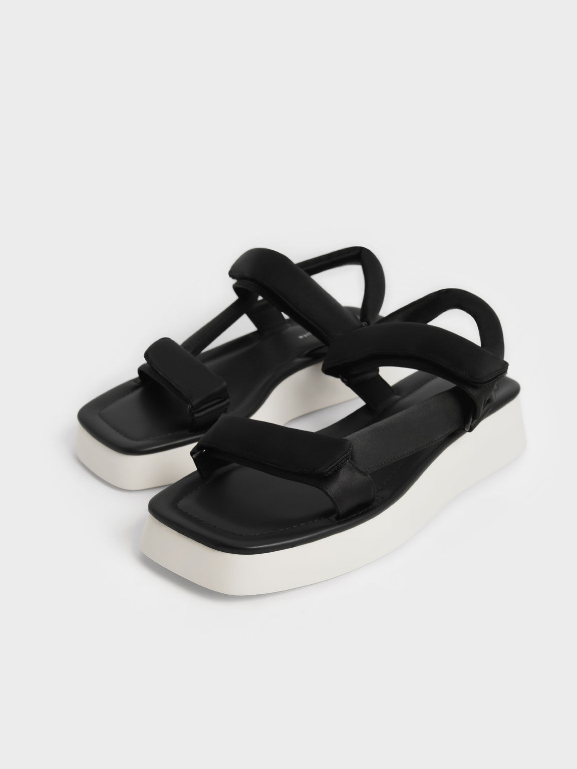 Satin Padded Straps Flatform Sandals, Black, hi-res
