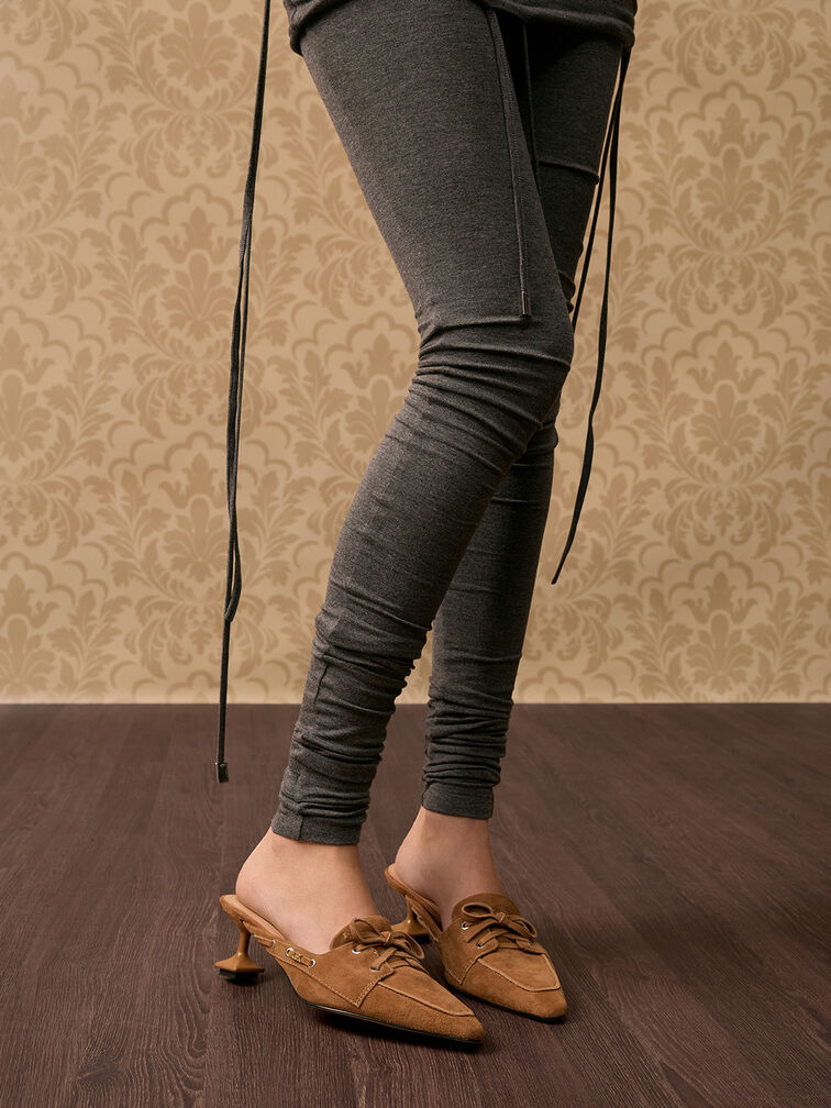 Kori Suede Lace-Up Sculptural-Heel Mules, Cognac, hi-res