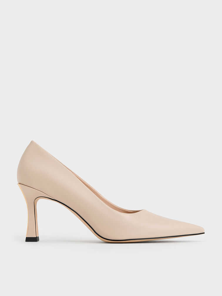 Flare Heel Pointed-Toe Pumps, สีนู้ด, hi-res