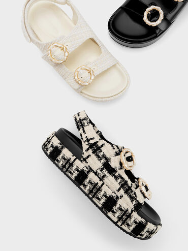 Tweed Pearl-Buckle Double Strap Sandals, สีแบล็คเท็กซ์เจอร์, hi-res