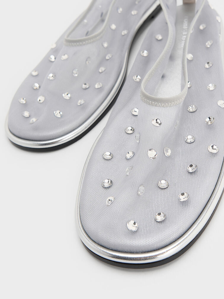 Mesh Gem-Embellished Ballet Flats, Silver, hi-res