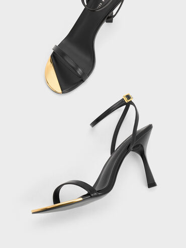 Metallic Cap Ankle-Strap Heeled Sandals, สีดำ, hi-res