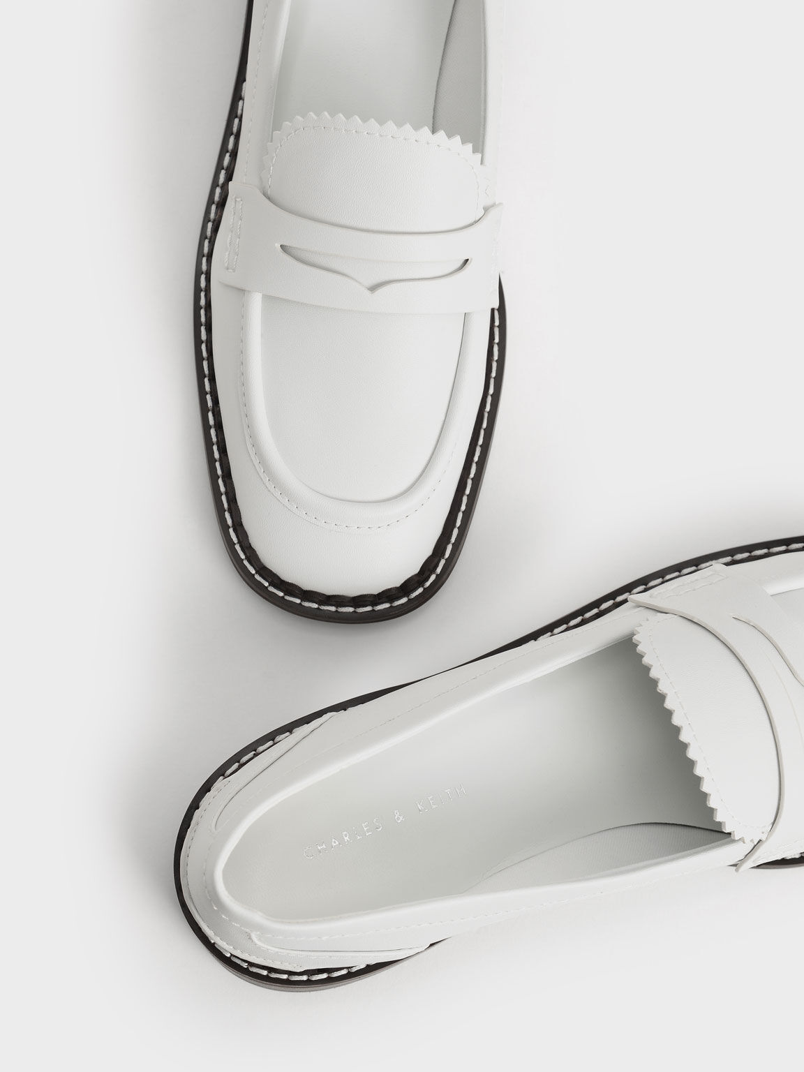 Scallop-Trim Penny Loafers, White, hi-res