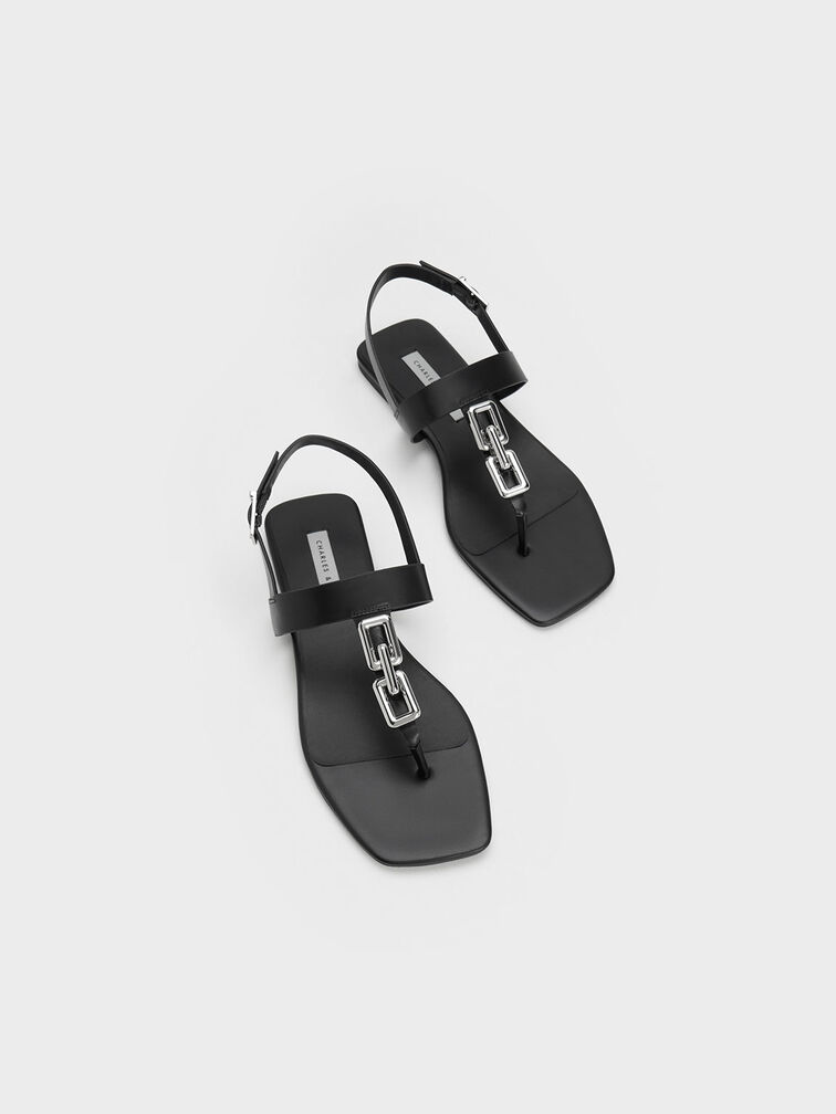 Chain-Link T-Bar Sandals, สีดำ, hi-res