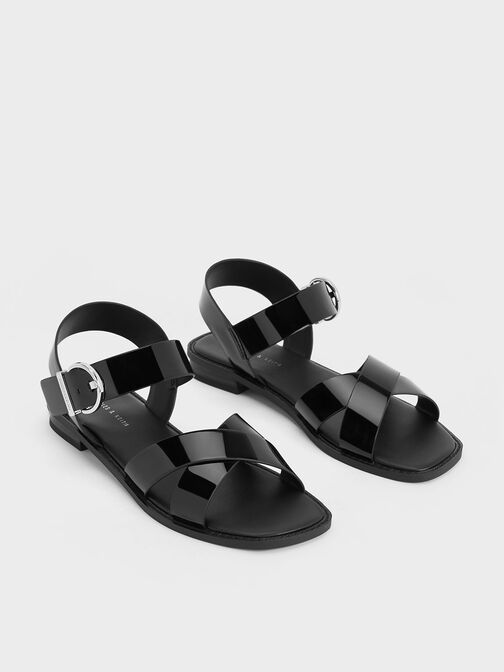 Patent Crossover Strap Sandals, หนังแก้วสีดำ, hi-res