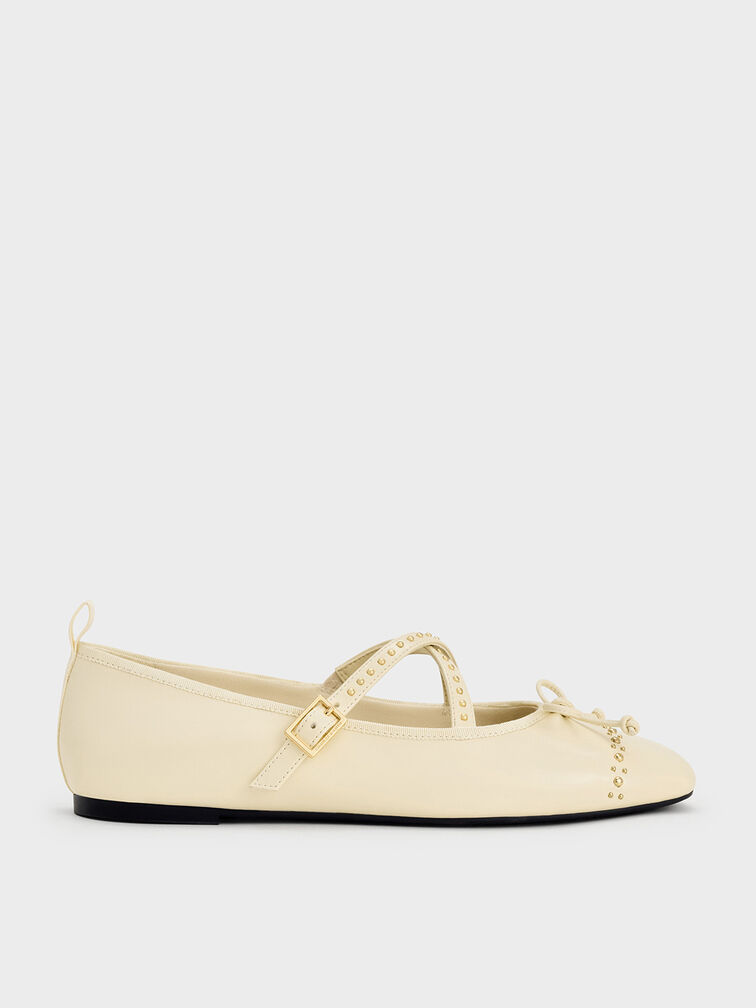 Studded Crossover-Strap Mary Jane Flats, Chalk, hi-res