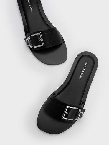 Metallic Buckle Slides, สีดำ, hi-res