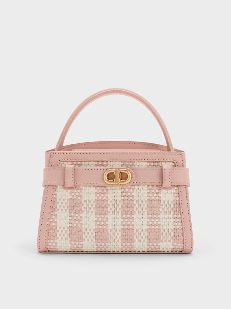 กระเป๋าถือพร้อมหูจับดีไซน์ลายตารางรุ่น Aubrielle, สีชมพูอ่อน, hi-res